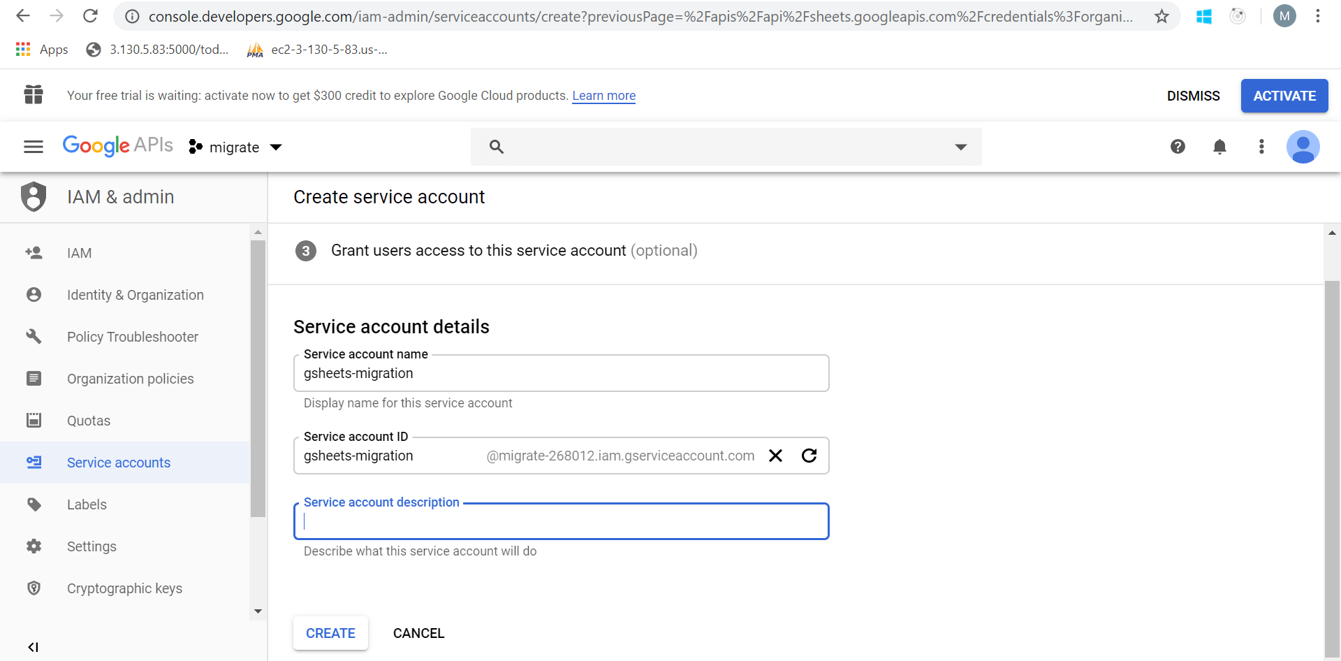 Service Account Description